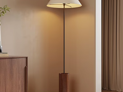 Warm Toned Interior With Modern Floor Lamp Wooden Base Cabinet And Curtain 3d model