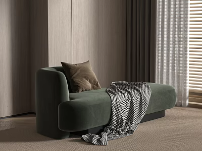 Green Velvet Chaise Lounge With Brown Cushion And Checkered Blanket In Room 3d model