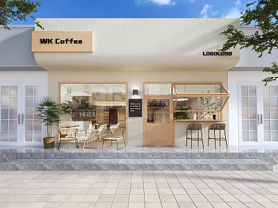 WK Coffee Modern Storefront Design with Glass Windows Outdoor Seating Plants and Wooden Accents 3d model