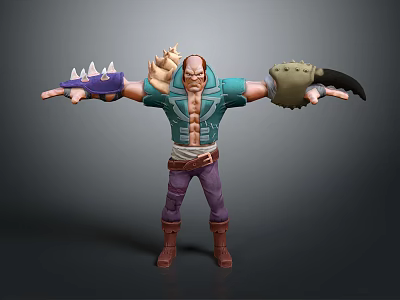 Warrior Character With Green Tunic Purple Pants Small Creature On Shoulder And Spiked Arm Weapon 3d model