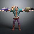 Warrior Character With Green Tunic Purple Pants Small Creature On Shoulder And Spiked Arm Weapon