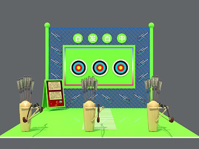 Interactive Zone For Target Shooting Game With Bullseye Targets Arrow Launchers And Green Floor 3d model