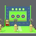 Interactive Zone For Target Shooting Game With Bullseye Targets Arrow Launchers And Green Floor