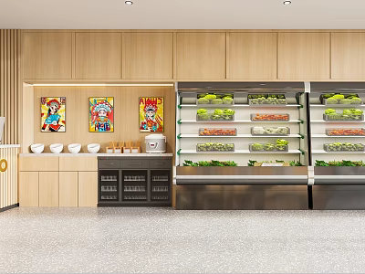 Modern Restaurant Interior Featuring Wooden Cabinets Fresh Vegetable Displays And Colorful Paintings 3d model