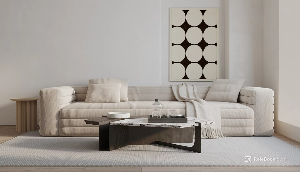 Light Beige Sectional Sofa In Minimalist Living Room With Pillows Throw Blanket And Circular Art 3d model 