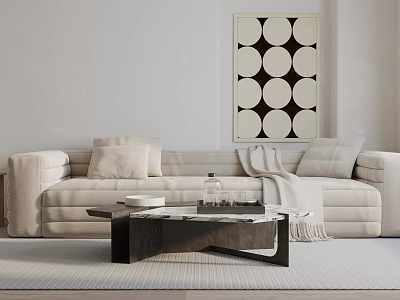 Light Beige Sectional Sofa In Minimalist Living Room With Pillows Throw Blanket And Circular Art 3d model