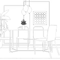 Modern Dining Table Set With Gray Chairs Pendant Lights And Large Green Plant 3d model
