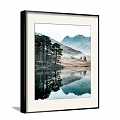 Serene Landscape Painting With Misty Mountains Calm Lake And Tree Reflections