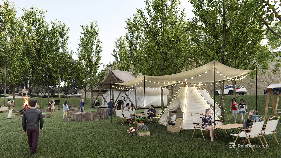 Scenic Garden Landscape With Green Grass Trees Teepee Tents String Lights And People Gathering 3d model 