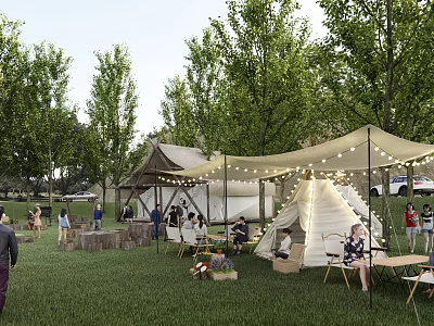 Scenic Garden Landscape With Green Grass Trees Teepee Tents String Lights And People Gathering 3d model
