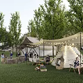 Scenic Garden Landscape With Green Grass Trees Teepee Tents String Lights And People Gathering