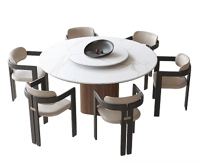 Modern Round Dining Table With Marble Top And Six Beige Upholstered Black Frame Chairs 3d model