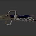 Futuristic Sci Fi Gun With Metallic Structure Complex Components And Caution Label
