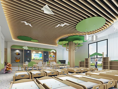 Kindergarten Indoor Area Featuring Wooden Ceiling Slats Green Tree Decor Paper Planes And Napping Beds 3d model