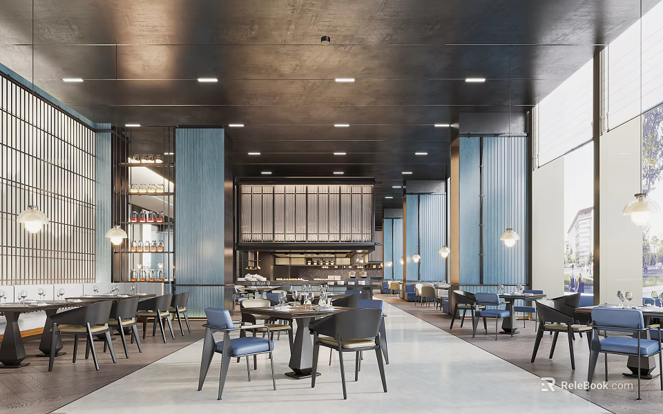 Modern Restaurant Interior With Black Ceiling White Lights Blue Vertical Panels And Large Windows 3d model 