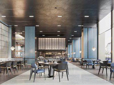 Modern Restaurant Interior With Black Ceiling White Lights Blue Vertical Panels And Large Windows 3d model