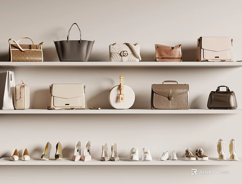 Stylish Handbags Displayed On Shelves With Shoes 3d model 
