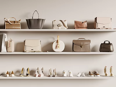 Stylish Handbags Displayed On Shelves With Shoes 3d model