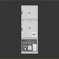 Grey Metal Computer Control Cabinet With Multiple Lockable Doors And Warning Signs