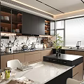 Modern Kitchen Interior With Dark Brown Cabinets Black Island Counter And Patterned Tile Backdrop