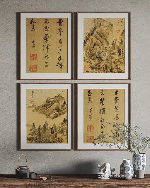 Traditional Chinese Landscape Paintings With Calligraphy Framed Wall Art Decor 3d model 