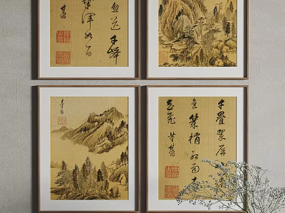 Traditional Chinese Landscape Paintings With Calligraphy Framed Wall Art Decor 3d model