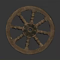 Vintage Rustic Wooden Cart Wheel With Spoked Design And Central Hub