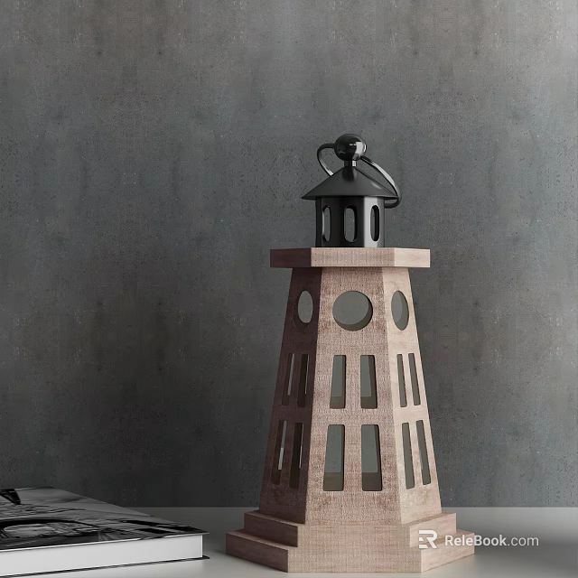 Wooden Lighthouse Decorative Ornament Set With Black Top Hollow Out Design And Gray Wall Background 3d model 