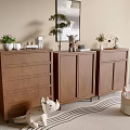 Three Wooden Dressers with Decorative Plants Small Ornaments in Cozy Room with Striped Rug