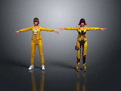 Two Female Characters In Yellow Outfits With Arms Outstretched And Reflections On Gray Background 3d model