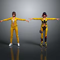 Two Female Characters In Yellow Outfits With Arms Outstretched And Reflections On Gray Background