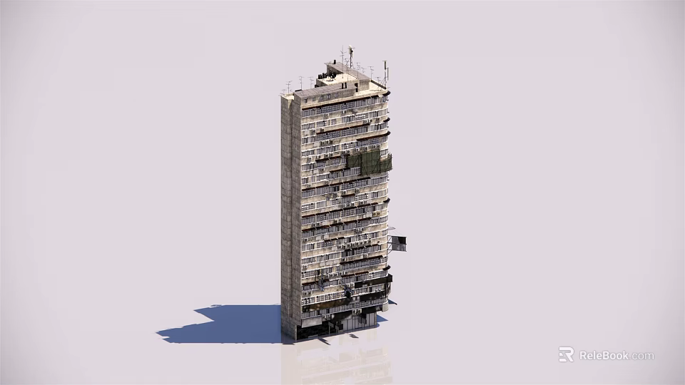 Aged High Rise Building With Multiple Floors Balconies And Roof Antennas 3d model 