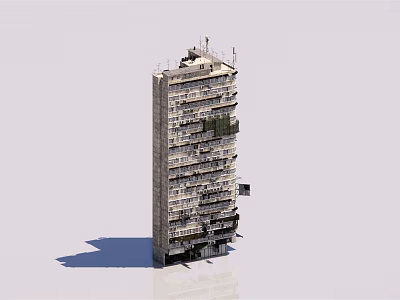 Aged High Rise Building With Multiple Floors Balconies And Roof Antennas 3d model