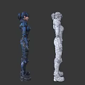Detailed Female 3D Character With Blue Armor And Wireframe Model Design