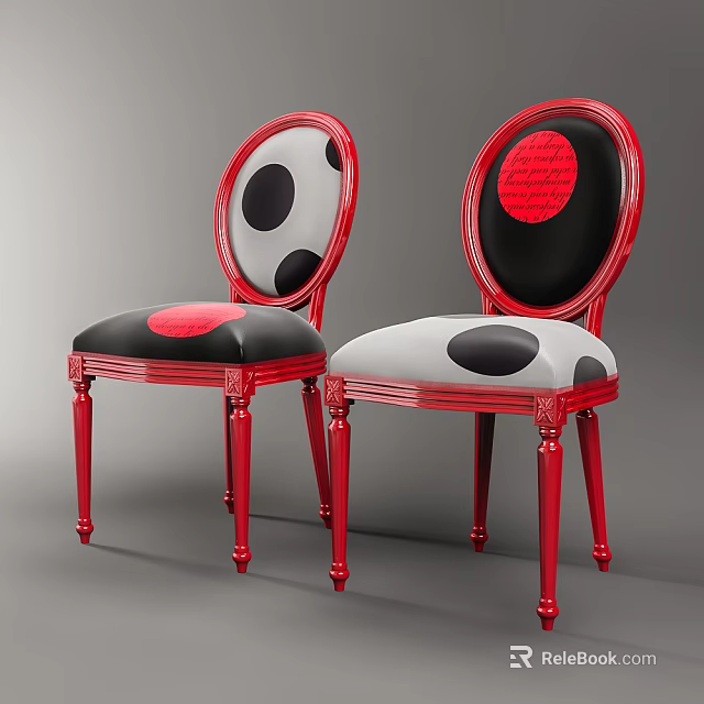 Stylish Red Frame Chairs With Round Backrest And Polka Dot Upholstery 3d model