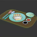 Stacked Crepe On Blue Plate With Brown Tray Green Red Black Sauces And Fork Spoon