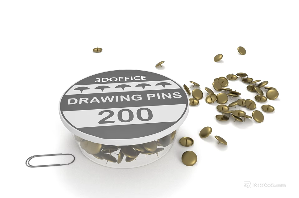 3DOFFICE Drawing Pins 200 Count Gold Metal Pins in Container with Scattered Pins 3d model 