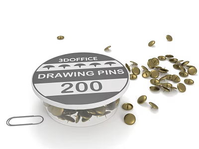 3DOFFICE Drawing Pins 200 Count Gold Metal Pins in Container with Scattered Pins 3d model