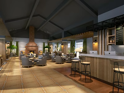 Modern Open Café Interior Design With Wooden Ceiling Brick Fireplace Bar Counter And Green Plants 3d model