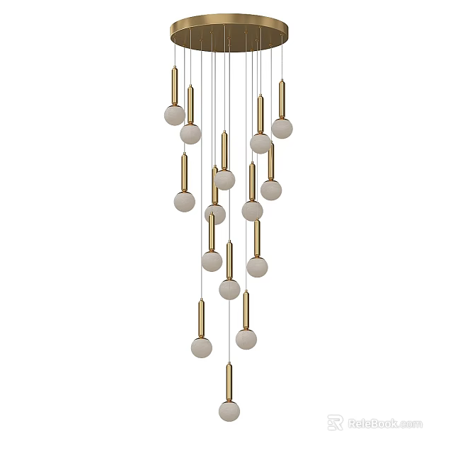 Modern Decorative Chandelier with Multiple Hanging Golden Rods and Spherical Shades 3d model 