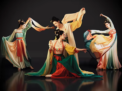 Women In Traditional Costumes Performing Elegant Dance With Graceful Movements And Waving Sleeves 3d model