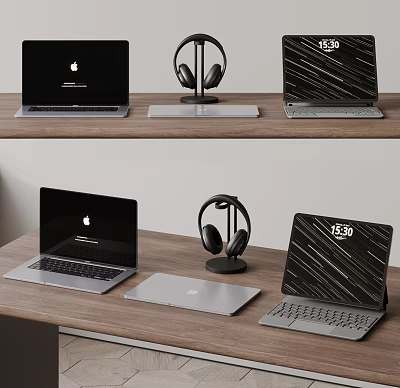 Multiple Open Laptops And Headphones On Stand Displayed On Wooden Desk 3d model