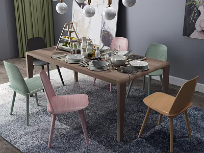 Colorful Dining Table Set with Mixed Colored Chairs Pendant Lights And Tableware 3d model