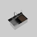 Modern Stainless Steel Kitchen Sink With Black Basin Wooden Cutting Board And Faucet