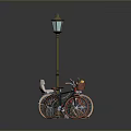 Colorful Vintage Bicycles Parked Near Classic Street Lamp In Dark Setting