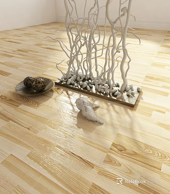 Shiny Natural Wooden Floor With Decorative White Branch Sculpture With Stones And White Animal Figurine 3d model 