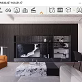 Modern Living and Dining Room Interior with Orange Sofa Marble Coffee Table and Black Cabinets