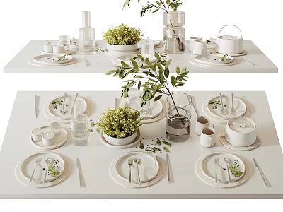 Elegant White Tableware Set With Plates Cups Cutlery And Green Plants On Dining Table 3d model