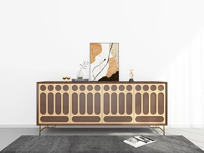 Modern Wooden Console Sideboard with Circular Cutouts Vase Sculpture Rug and Magazine 3d model
