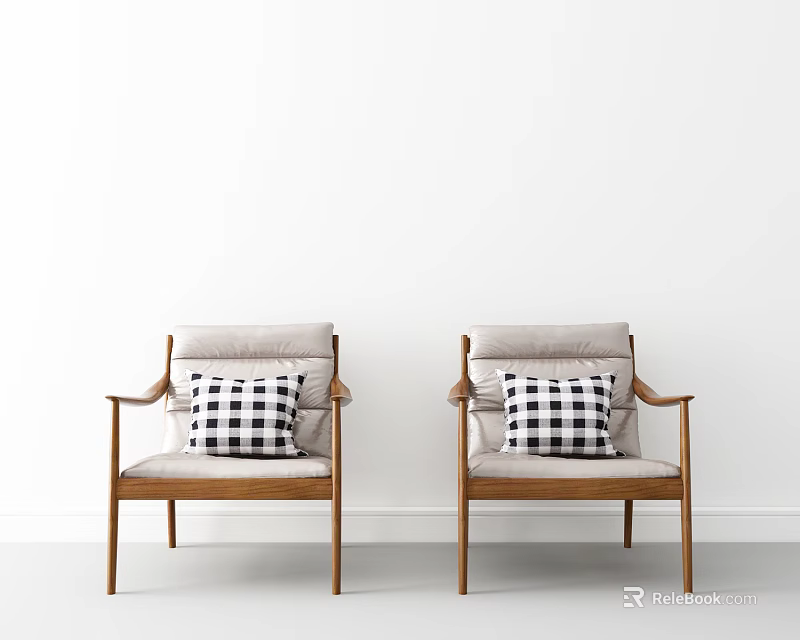 Light Gray Armchairs Featuring Wooden Frame And Black White Checkered Cushions In White Setting 3d model 